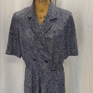 Vintage Schrader Sport Navy Blue Printed Double-Breasted Midi Shirt Dress